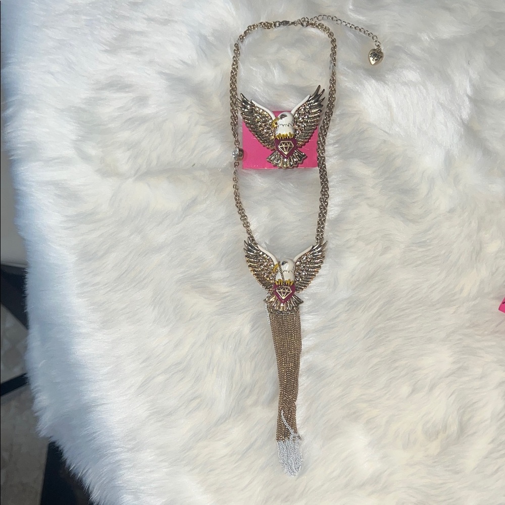 Betsey Johnson Gold-tone Eagle Tassel Necklace with Pink & White Accents